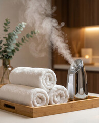 Modern chrome facial steamer emitting mist next to rolled white towels on wooden tray in spa setting