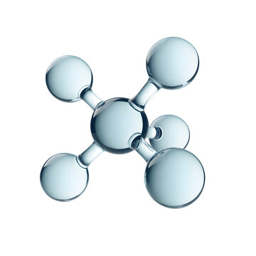Metallic molecule model with five spheres connected in a symmetrical pattern transparent background