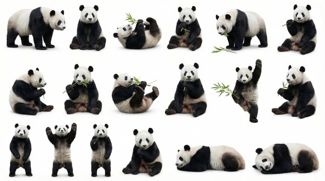Multiple playful pandas posing and playing with bamboo leaves  