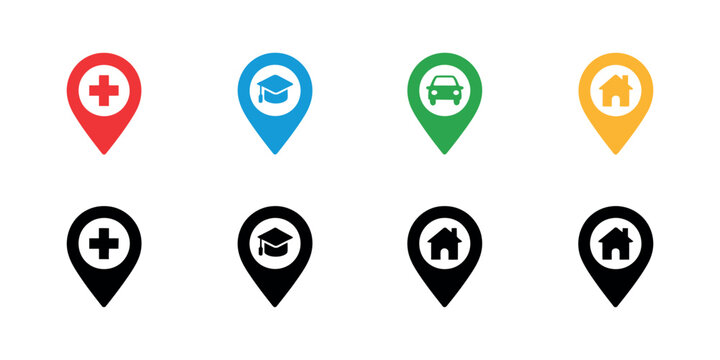 Location Pin map markers featuring hospital education car and home icons