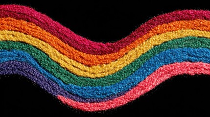 Colorful, wave-like stripes of yarn in rainbow colors against a black backdrop