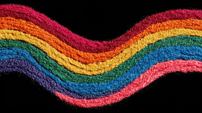Colorful, wave-like stripes of yarn in rainbow colors against a black backdrop - Powered by Adobe