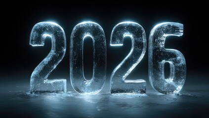 Digitized "2026" text made of ice, illuminated with blue light against a black backdrop