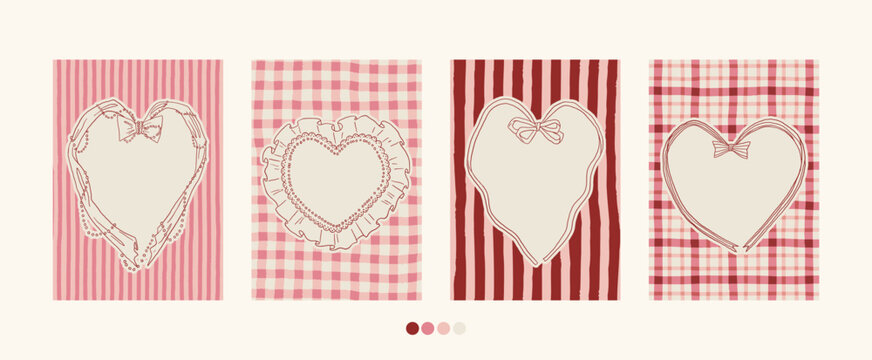 Vintage Valentines day heart shaped lace frames collection on tartan charming background. Retro hand drawn romantic holiday borders clipart set. Vintage love valentine empty frame invitation template