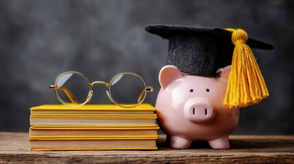 Piggy bank in graduation cap books glasses