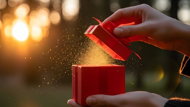 Person opening a red gift box with glowing magic light and sparks. Surprising gift and holiday celebration concept. Hands holding a present outdoors during sunset with golden dust
