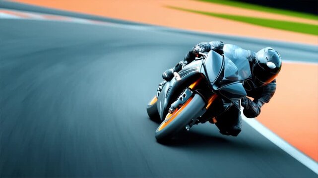A high-speed motorcycle racing around a track, showcasing thrilling motion and dynamic angles.