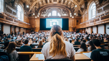 View from behind blonde-haired woman attending large lecture or presentation in grand auditorium filled with students, with screen displaying information at front, highlighting education and audience