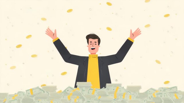 rich man stands in the middle of a pile of money illustrated animation