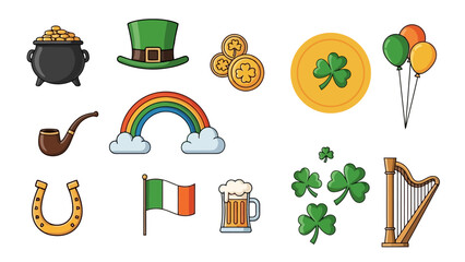 A collection of St. Patrick's Day symbols including a pot of gold, leprechaun hat, shamrocks, and a rainbow.