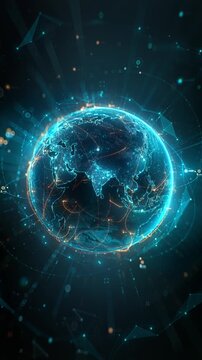 Futuristic digital globe of Earth with glowing data points network connections on a dark background. Worldwide links on planet earth at night. Concept of World communication technology. 3d animation