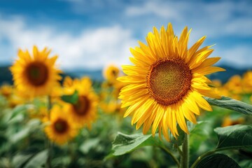 Fototapeta premium Close-up of a sunflower field under a bright blue sky, with blurred background