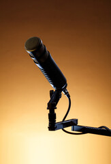 A microphone stands firmly on a mount against a warm background. This setup is used for recording sound. The scene shows the focus on audio equipment in a studio setting.