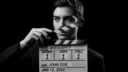 Man Holding Film Clapperboard in Studio.