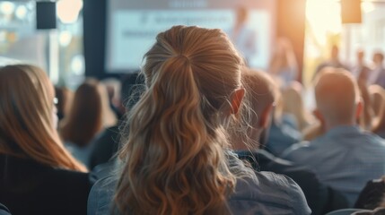 Group of business people listening to speaker at professional training seminar and adult education conference