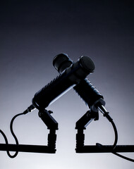 Two microphones are positioned in a crossed formation on a stand. The scene is set in a dimly lit environment, suggesting preparation for a recording session in the evening hours.