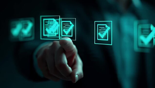 Business professional hand taps glowing checkmark icons representing successful approval process confirmation agreement validation compliance and quality control