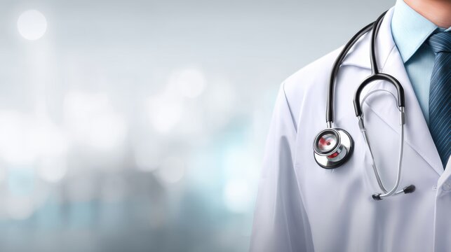 Close-up of a doctor in a white coat wearing a stethoscope, ready for patient care