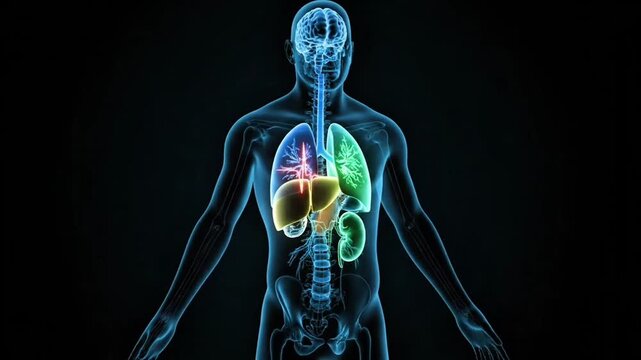 Human body with transparent blue skin showing colorful internal organs including lungs and heart against a dark background.