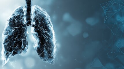 Abstract digital representation of human lungs with glowing blue network connections and particles