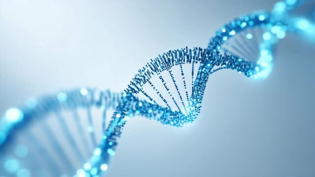 Close-up view of a DNA double helix, showcasing intricate blue strands and glowing particles in a modern design.
