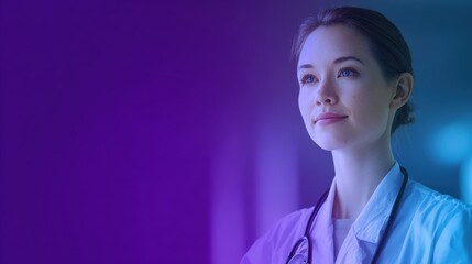 Young female doctor in white coat with stethoscope looking up thoughtfully with purple and blue gradient background