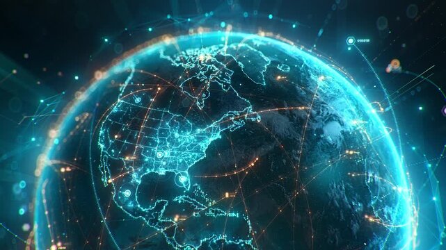 High-tech digital Earth globe animation featuring glowing USA map and North America data network connections for global business, fintech and cyber security 3d concept animation