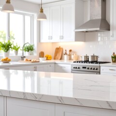 Fototapeta premium A bright, modern kitchen featuring sleek white cabinets, elegant marble countertops, and stainless steel appliances, creating a stylish and inviting atmosphere.