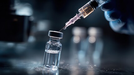 Close-up of a medical syringe drawing liquid from a vial in a laboratory setting
