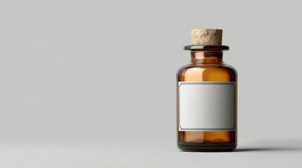 Amber glass apothecary bottle with cork stopper and blank label on a neutral background