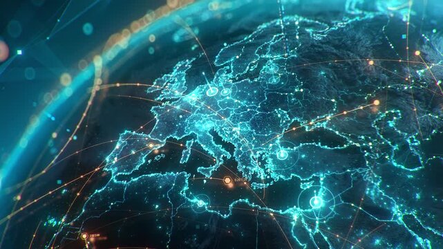 Futuristic digital Earth globe with glowing global network connection lines, big data transfer and cyber security technology over Europe map. 3D concept of worldwide connectivity and globalization