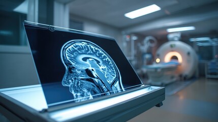 Close-up of a digital brain scan display in a modern medical imaging facility