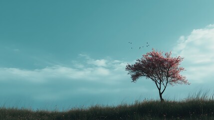 Lone cherry blossom tree with pink flowers stands on a grassy hill under a vast blue sky with birds