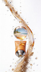 Sunscreen tube with beach scene reflected in liquid droplet and sandy swirl