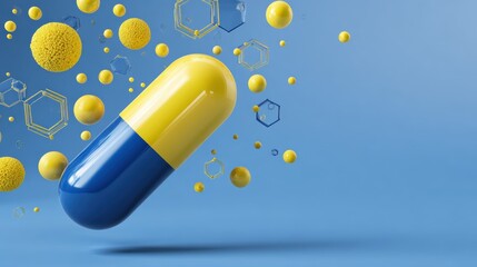 Giant blue and yellow capsule floats among molecular structures and yellow spheres on blue background