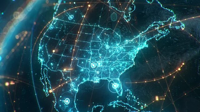 Futuristic digital Earth globe with glowing USA map and North America network connections, big data transfer and cyber security concept for global business and technology.