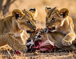 Three young felines feast upon a carcass in sun-drenched savanna, close up, showing their raw, carnivorous meal