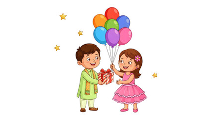 A boy and girl holding a gift and colorful balloons