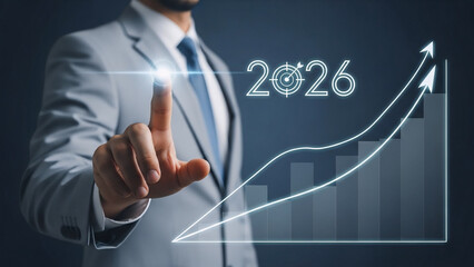 Businessman analyzing futuristic growth chart with 2026 projection