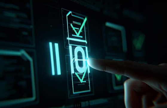 Futuristic glowing checkmark list interface animation with finger touch approval confirmation success digital technology data validation process
