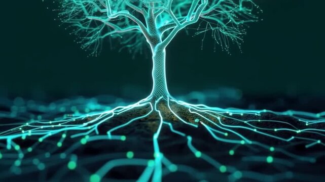 A futuristic tree design symbolizes the connection between nature and technology, showcasing its vibrant roots.