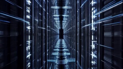 Abstract data center corridor with illuminated server columns and digital pathways - Powered by Adobe