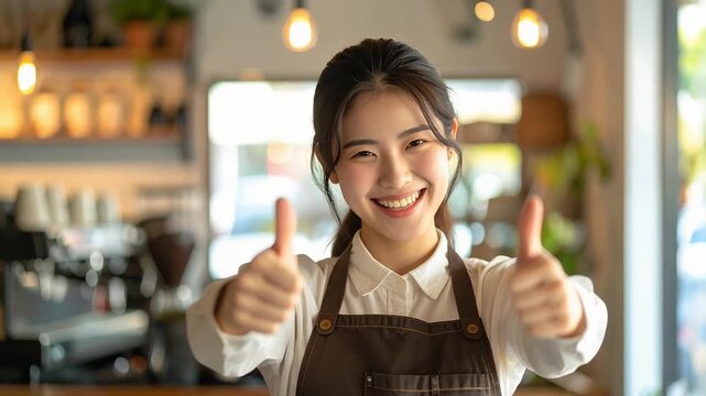 カフェの店内で笑顔の女性店員が親指を立てて歓迎する場面