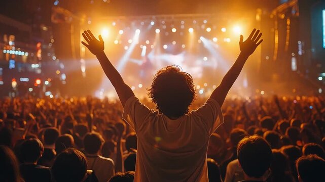 強い照明に包まれた会場で両腕を広げて熱狂する観客のシルエット