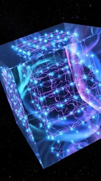 Discovering a 3D light cube that illustrates patterns in space with bright colors and movements at a digital art exhibit