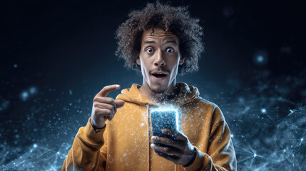Excited young Black man curly hair wide eyes pointing glowing smartphone digital network particles hoodie surprised reaction