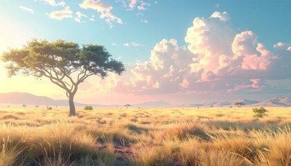 Obraz premium A vibrant savanna scene under a bright sky. A solitary tree stands on the golden plains, with gentle rolling hills in the background