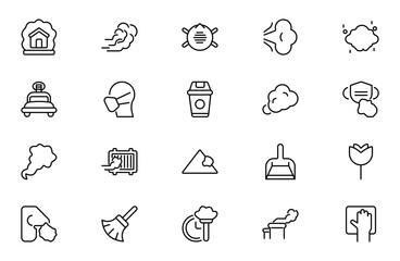 Fototapeta premium Dust outline icon set. odor, smoke, sand, dusting, allergen, dust cleaning, Editable stroke. Vector illustration. Thin outline icons pack. Vector illustration