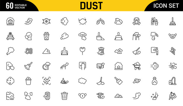 Dust outline icon set. odor, smoke, sand, dusting, allergen, dust cleaning, Editable stroke. Vector illustration. Thin outline icons pack. Vector illustration