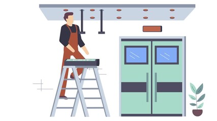 Fire Safety staff inspecting emergency exit sign animation, electrician reconnect egress signage animated video, Electric Profession Clip, Low Voltage Power Supply footage Handyman Repairman motion